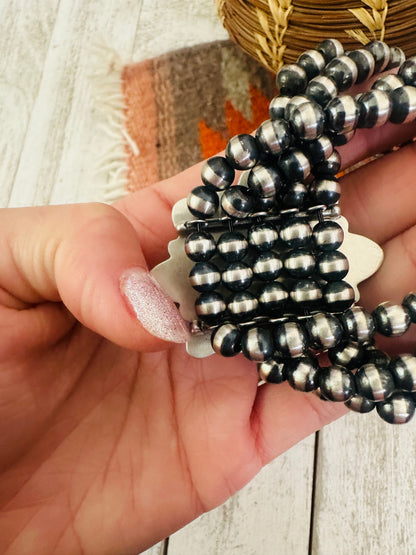 Navajo Palomino Turquoise & Sterling Silver Pearl Beaded Stretch Bracelet