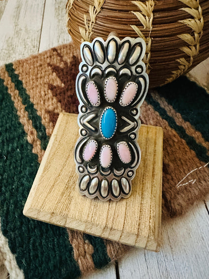 Navajo Sterling Silver, Turquoise & Queen Pink Conch Shell Adjustable Ring