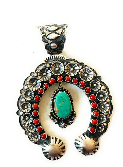 Navajo Sterling Silver, Coral & Turquoise Naja Pendant by Shawn Cayatineto