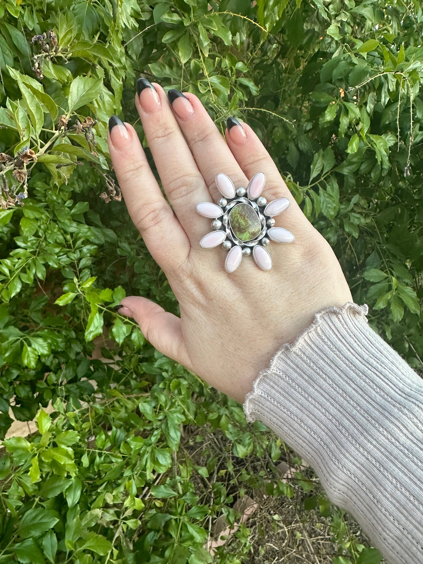 “Pink Blossom” Gorgeous Navajo Turquoise, Pink Conch And Sterling Silver Adjustable Flower Ring Signed