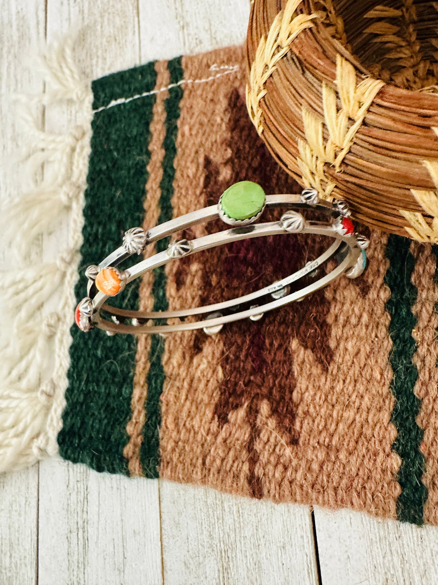 Navajo Multi Stone & Sterling Silver Bangle Bracelet