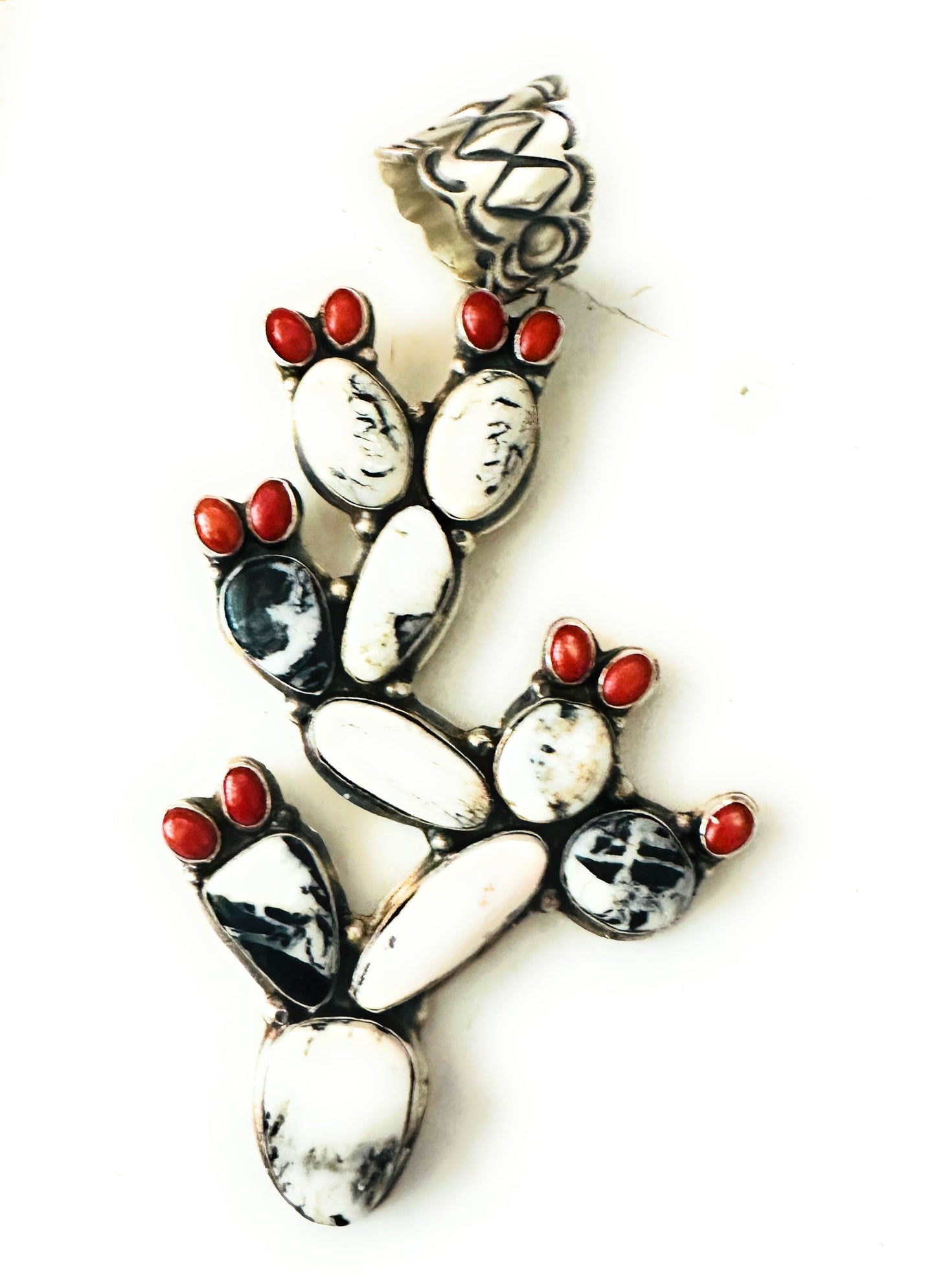 Navajo White Buffalo, Coral and Sterling Silver Cactus Pendant