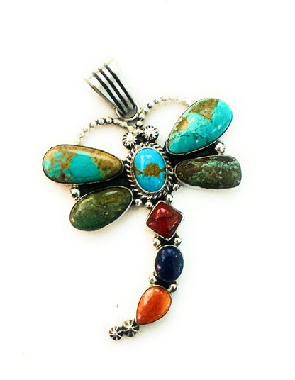 Navajo Multi Stone & Sterling Silver Dragonfly Pendant