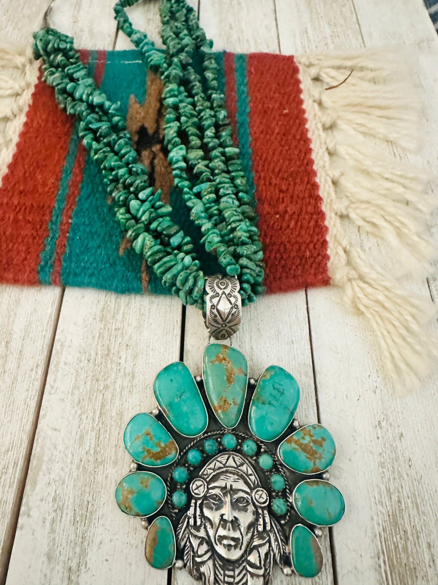 Stunning Navajo Sterling Silver & Turquoise Indian Chief Beaded Necklace