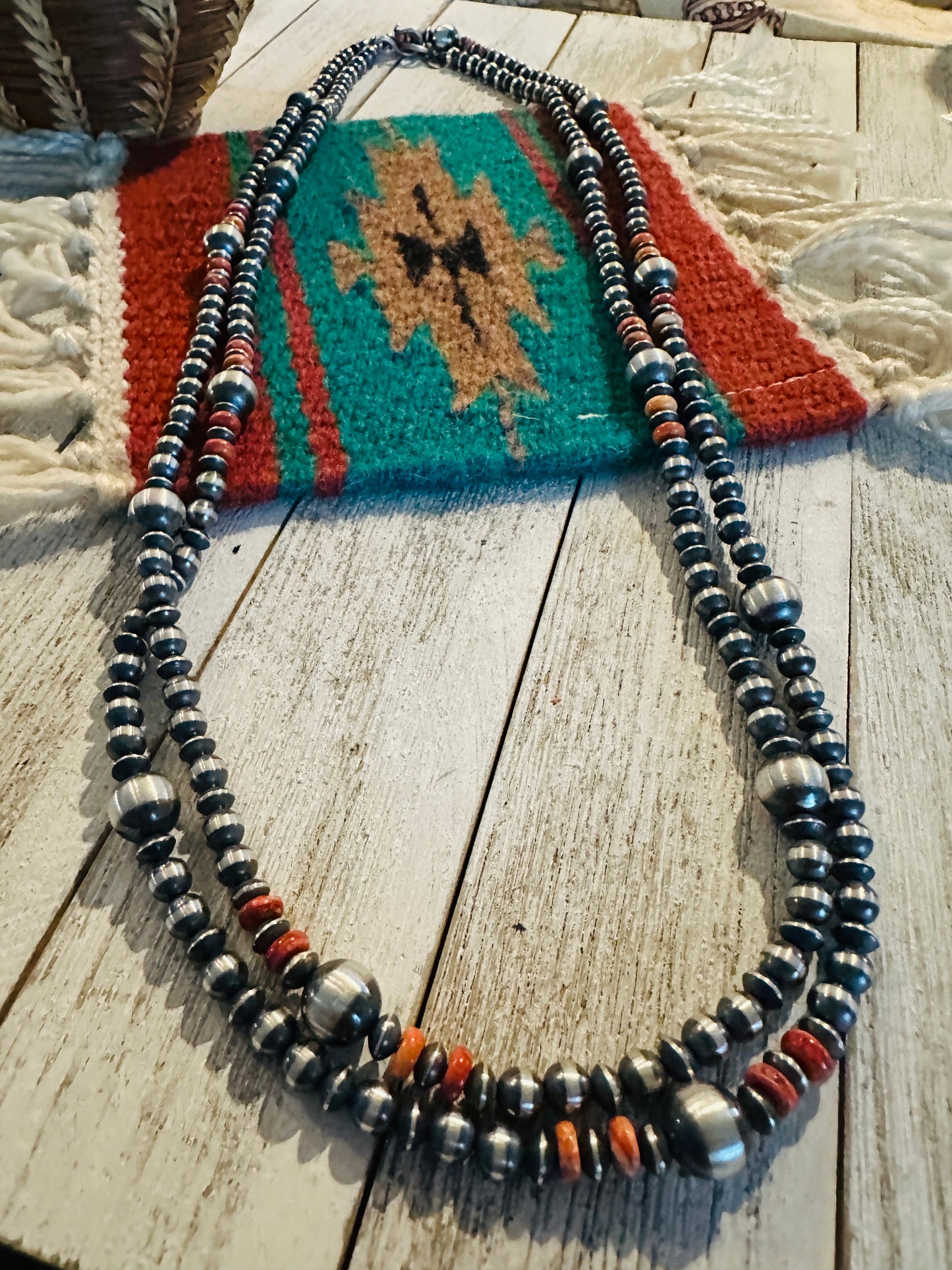 Navajo Orange Spiny & Sterling Silver Beaded Necklace 60”