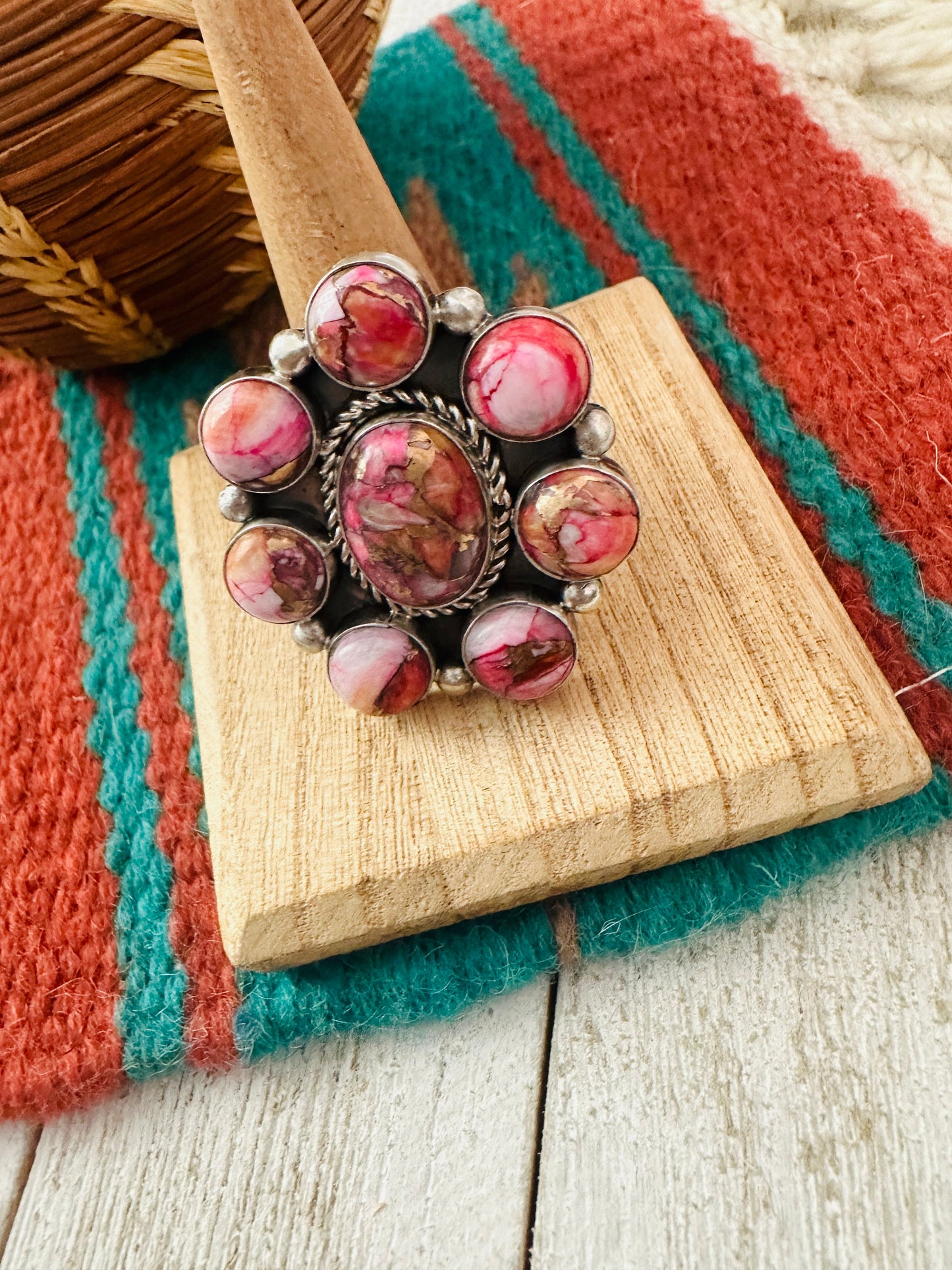 Navajo Pink Mojave  & Sterling Silver Cluster Adjustable Ring