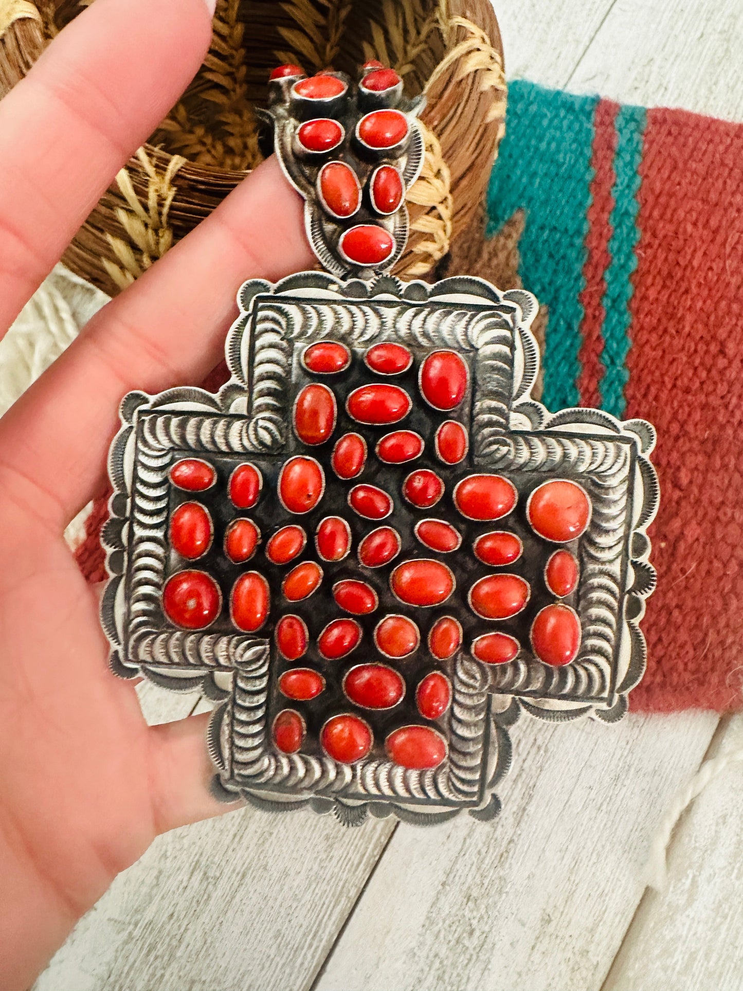 Navajo Sterling Silver & Coral Cross Pendant by Shawn Cayatineto