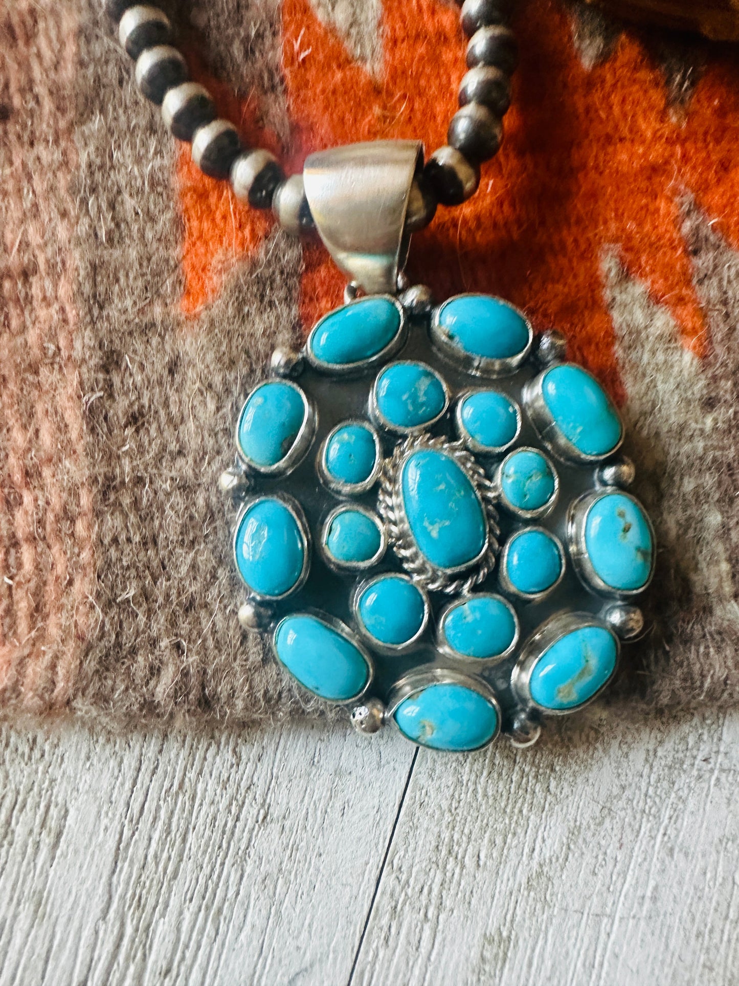 Navajo Sterling Silver & Kingman Turquoise Cluster Pendant