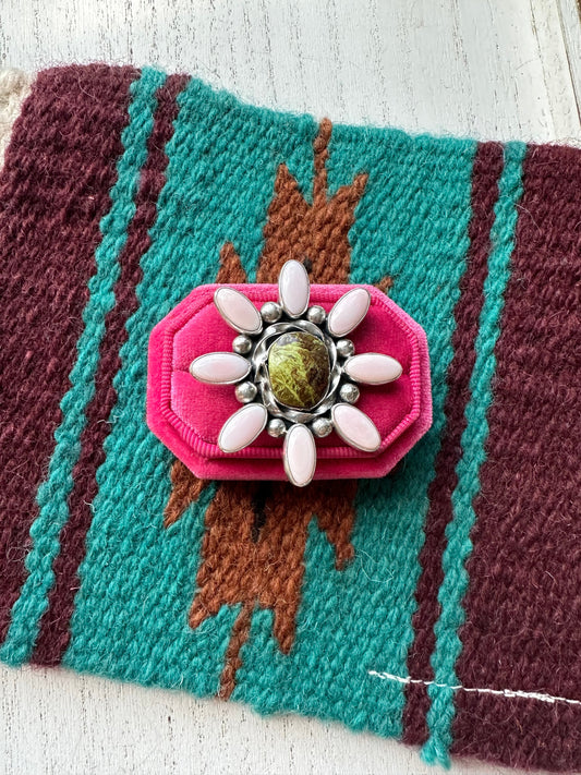 “Pink Blossom” Gorgeous Navajo Turquoise, Pink Conch And Sterling Silver Adjustable Flower Ring Signed