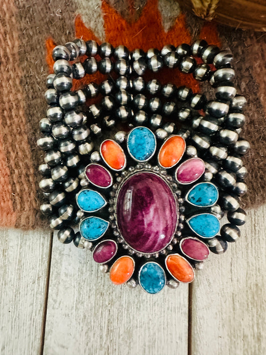 Navajo Spiny, Turquoise & Sterling Silver Pearl Beaded Stretch Bracelet