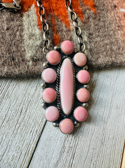 Navajo Sterling Silver & Queen Pink Conch Shell Cluster Necklace