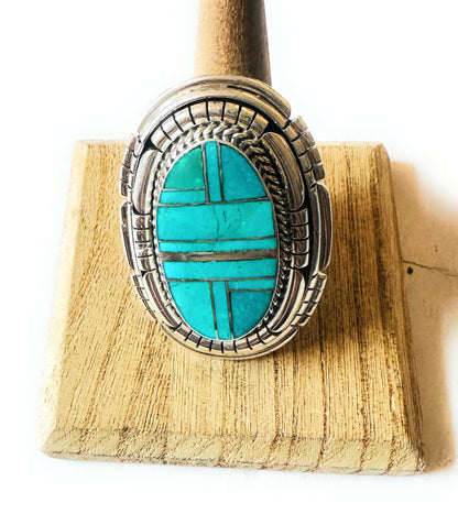 Navajo Sterling Silver & Turquoise Inlay Adjustable Ring