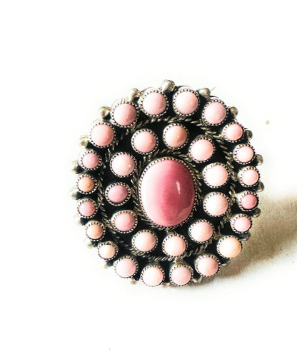 Navajo Sterling Silver & Queen Pink Conch Cluster Adjustable Ring