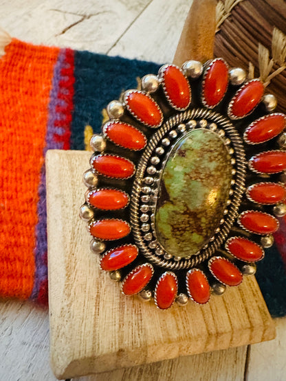 Navajo Kingman Turquoise, Coral & Sterling Silver Adjustable Ring by Hemerson Brown