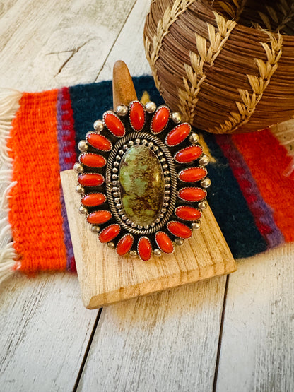 Navajo Kingman Turquoise, Coral & Sterling Silver Adjustable Ring by Hemerson Brown