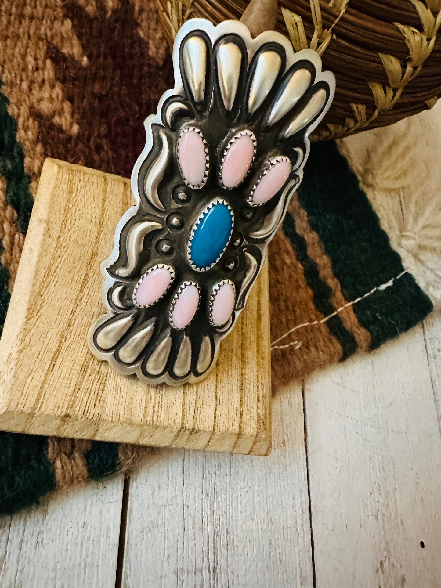 Navajo Sterling Silver, Turquoise & Queen Pink Conch Shell Adjustable Ring