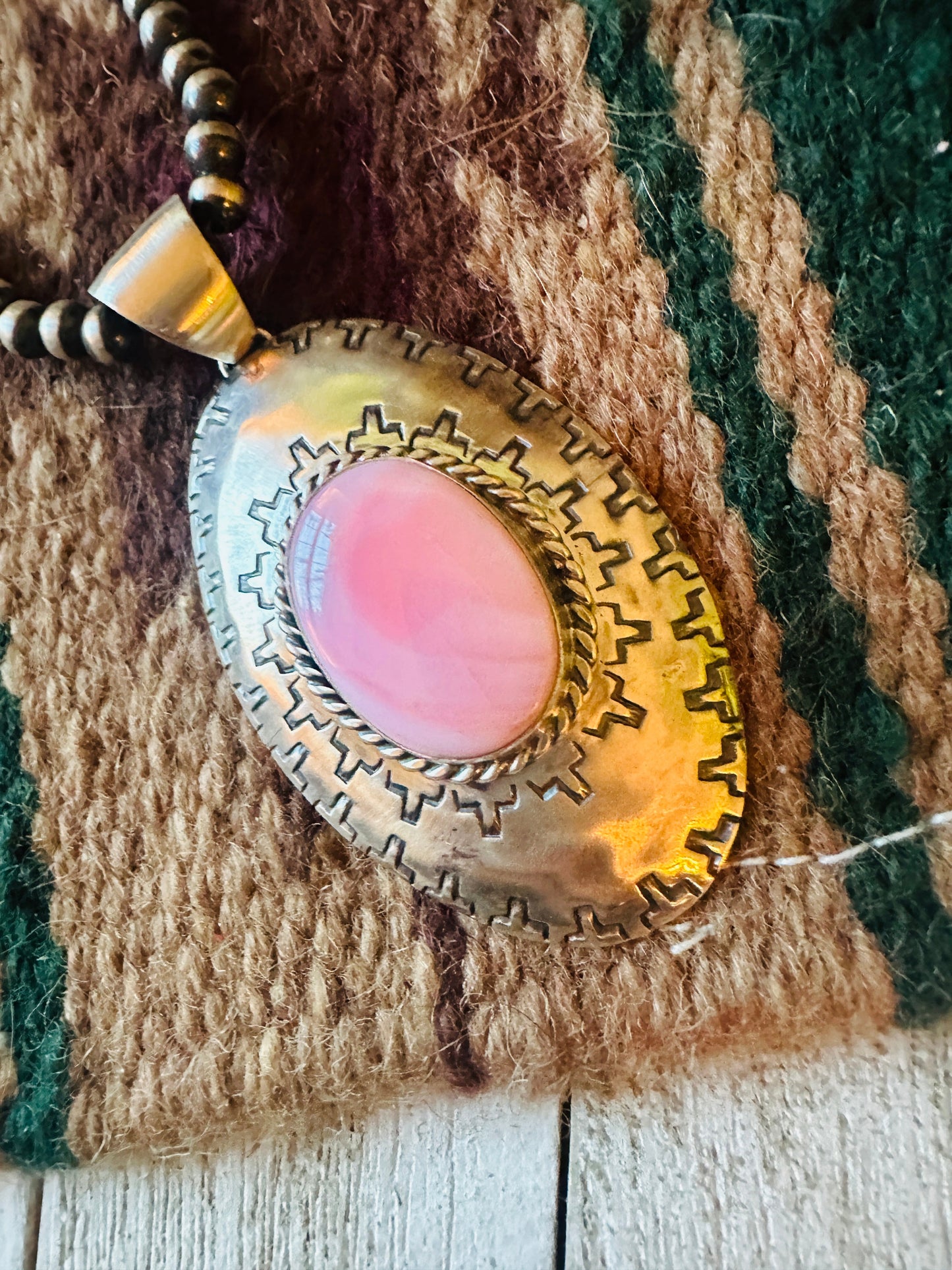 Navajo Queen Pink Conch Shell & Sterling Silver Concho Pendant