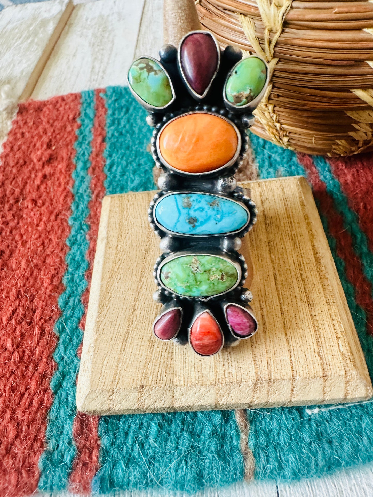 Navajo Sterling Silver, Spiny & Turquoise Cluster Adjustable Ring