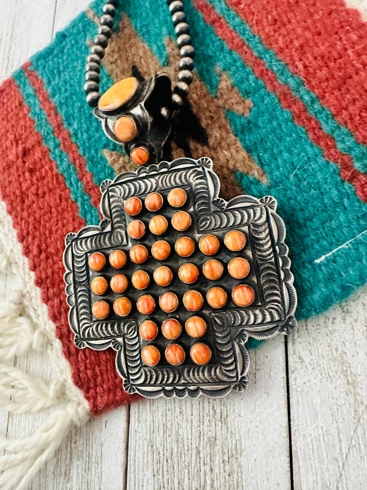 Navajo Sterling Silver & Orange Spiny Cross Pendant by Shawn Cayatineto