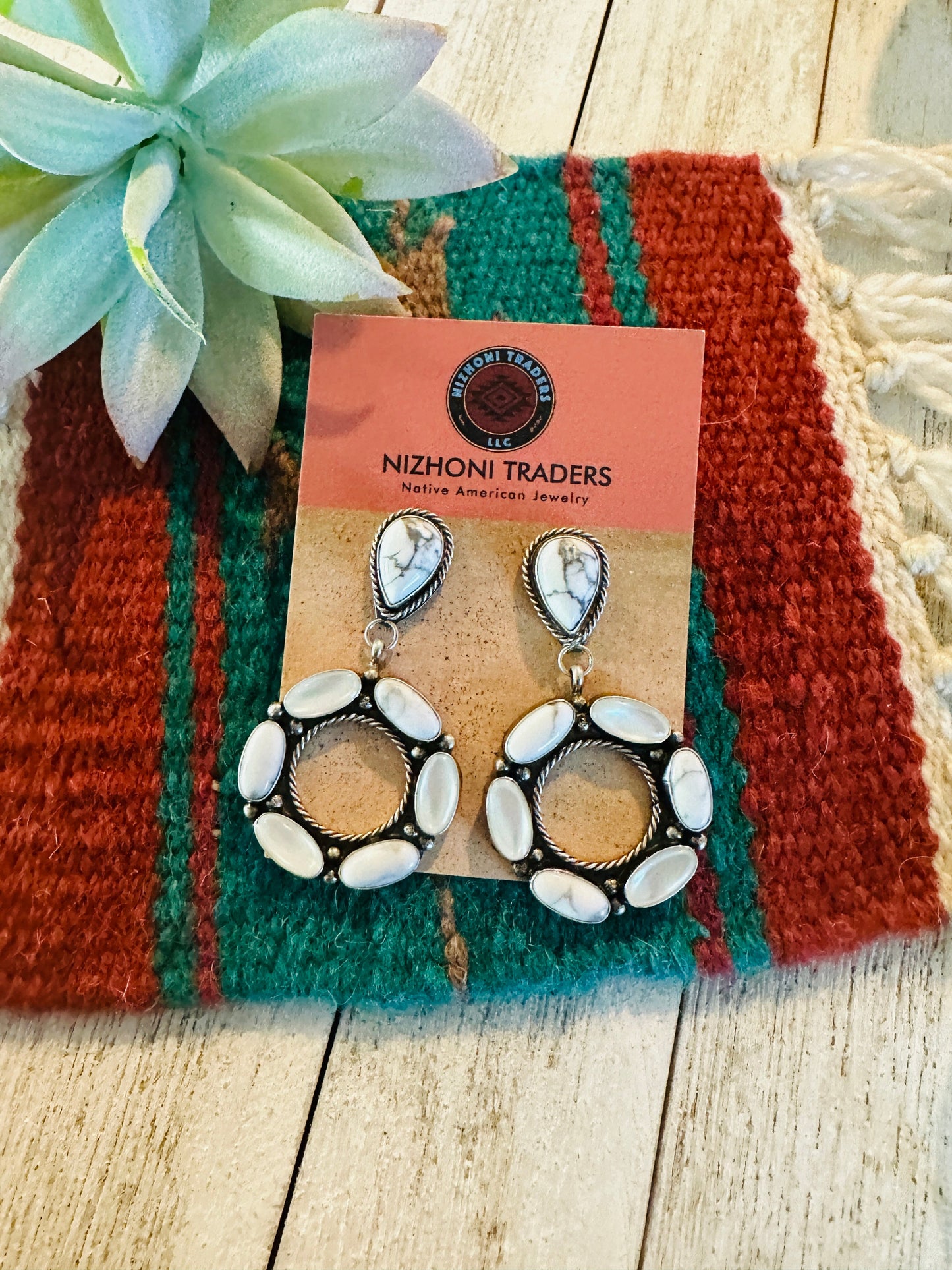 Navajo White Buffalo, Mother of Pearl and Sterling Silver Dangle Earrings