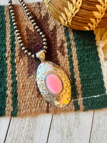 Navajo Queen Pink Conch Shell & Sterling Silver Concho Pendant