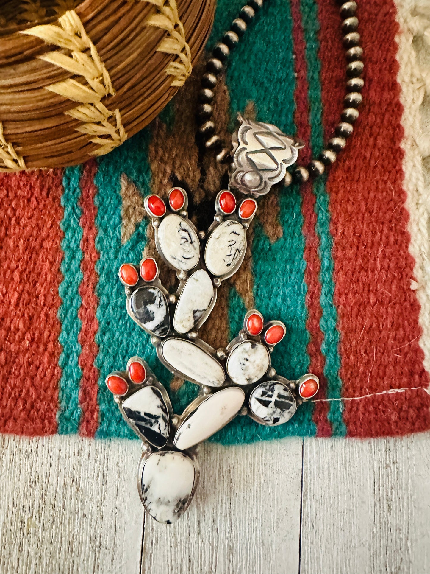 Navajo White Buffalo, Coral and Sterling Silver Cactus Pendant