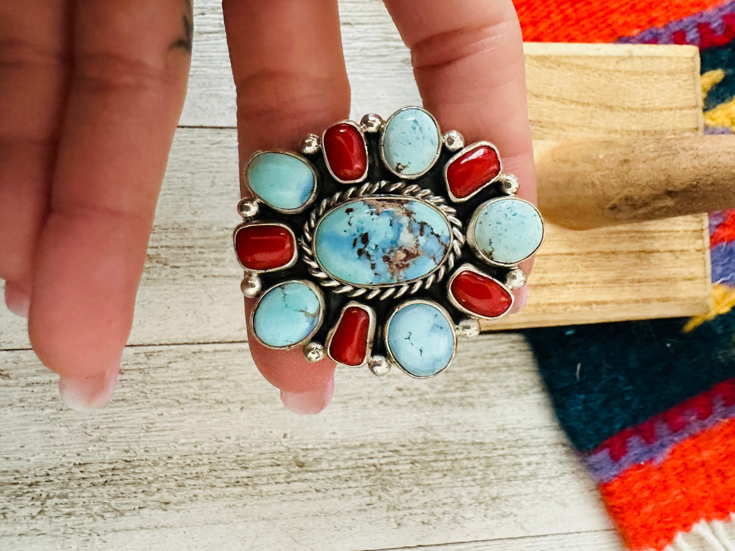 Navajo Golden Hills Turquoise, Coral & Sterling Silver Cluster Adjustable Ring