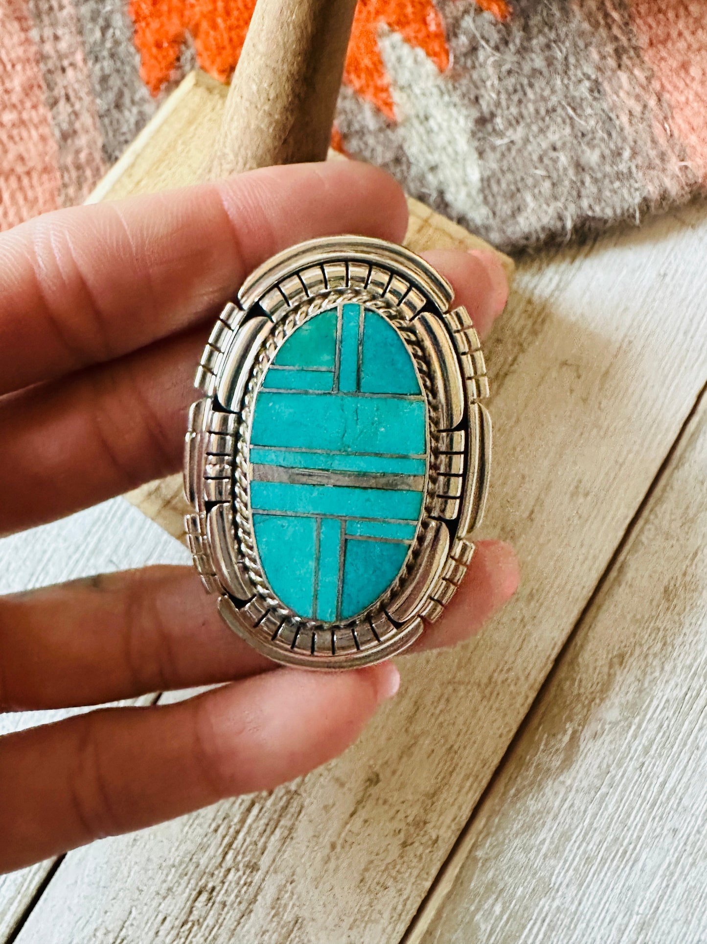 Navajo Sterling Silver & Turquoise Inlay Adjustable Ring