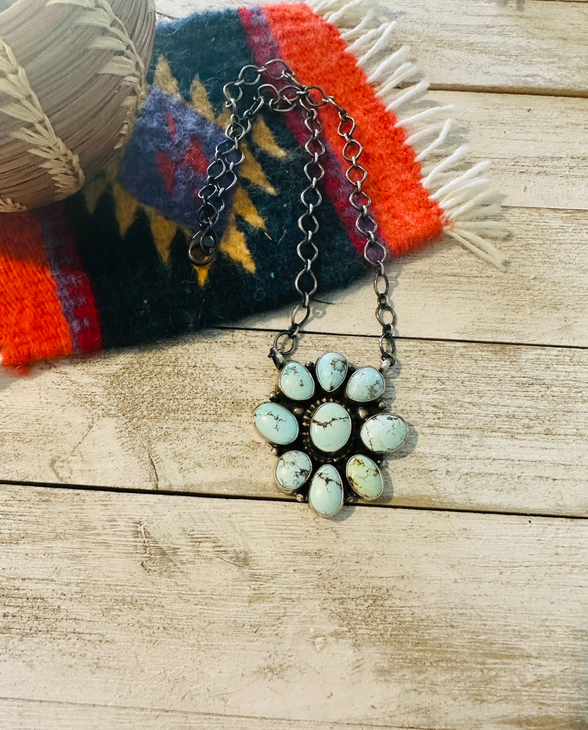 Navajo Sterling Silver & Golden Hills Turquoise Cluster Necklace