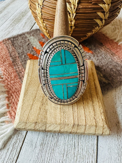 Navajo Sterling Silver & Turquoise Inlay Adjustable Ring