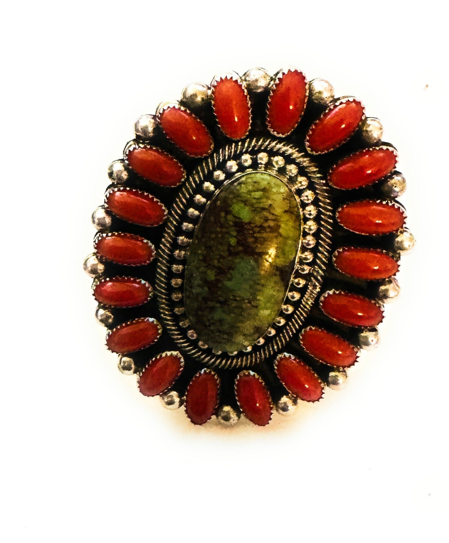 Navajo Kingman Turquoise, Coral & Sterling Silver Adjustable Ring by Hemerson Brown