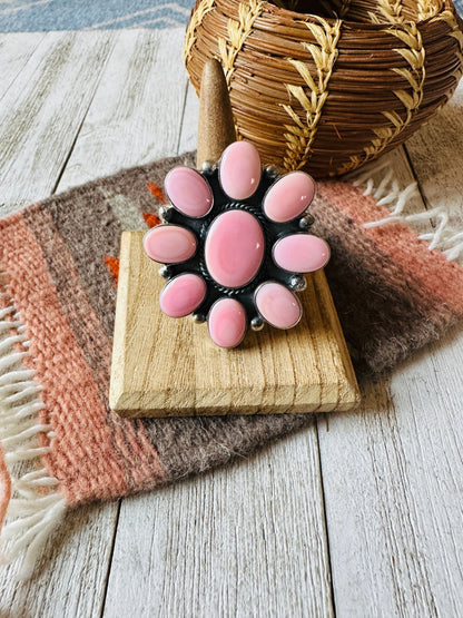 Navajo Sterling Silver & Queen Pink Conch Cluster Adjustable Ring