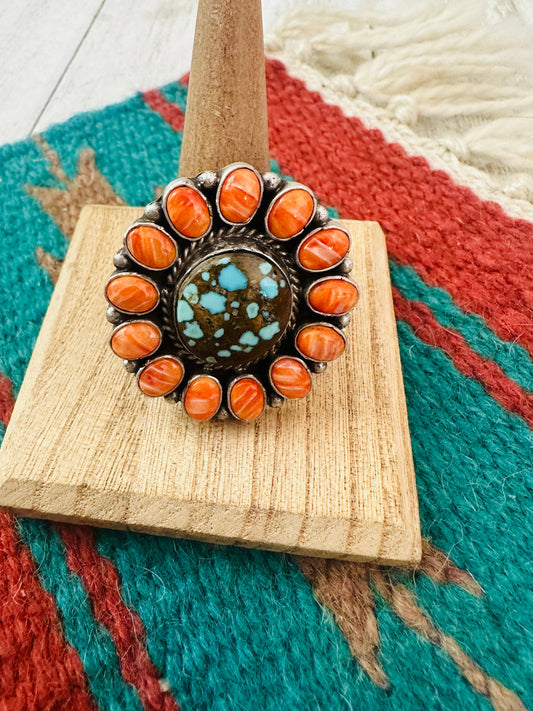 Navajo Sterling Silver, Orange Spiny & Turquoise Cluster Adjustable Ring