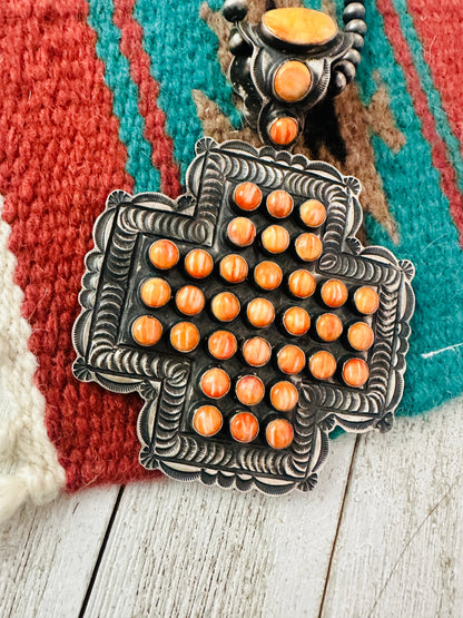 Navajo Sterling Silver & Orange Spiny Cross Pendant by Shawn Cayatineto