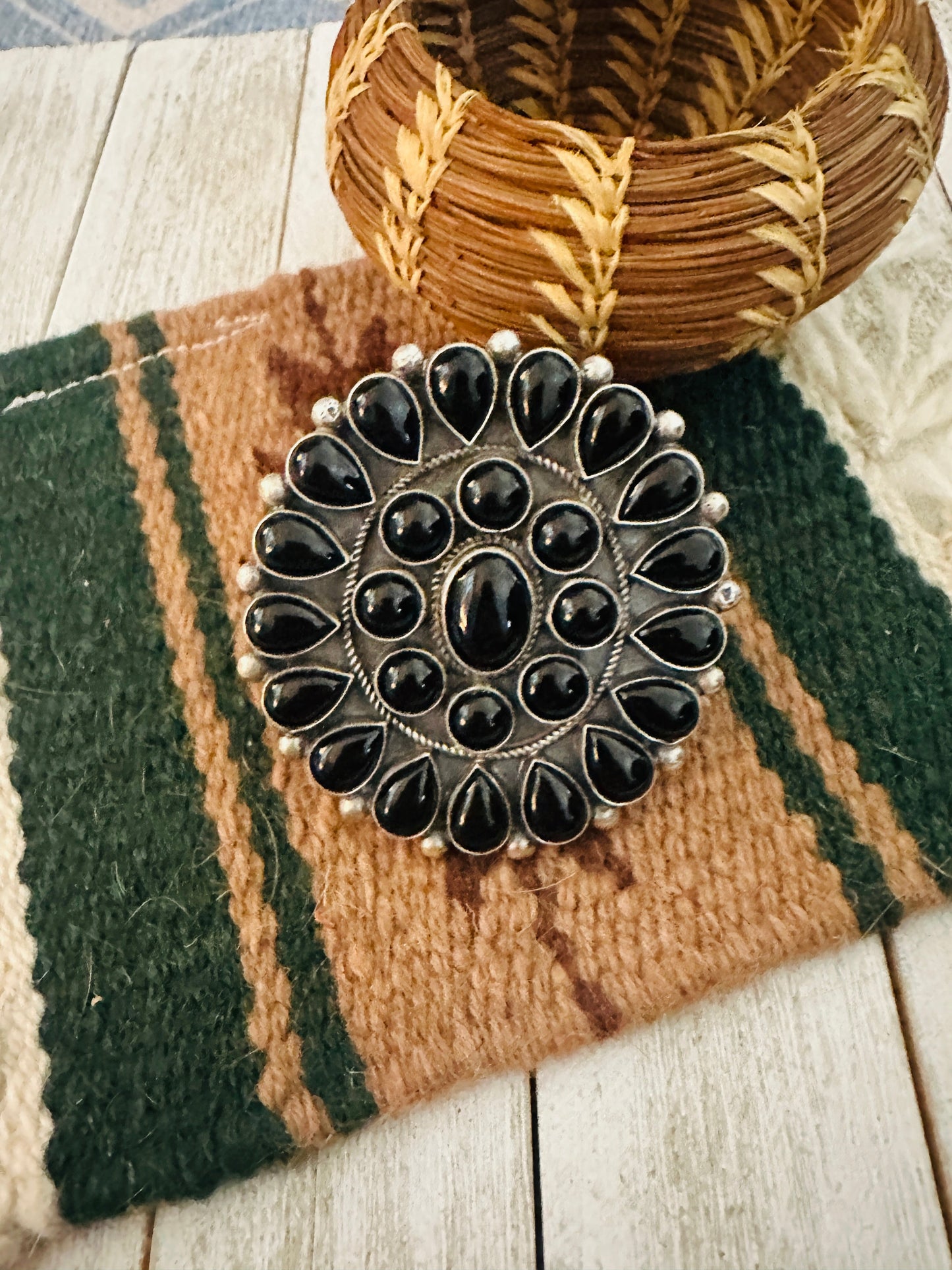 Navajo Sterling Silver & Black Onyx Cluster Adjustable Ring