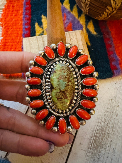 Navajo Kingman Turquoise, Coral & Sterling Silver Adjustable Ring by Hemerson Brown