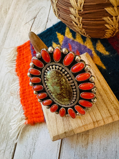 Navajo Kingman Turquoise, Coral & Sterling Silver Adjustable Ring by Hemerson Brown