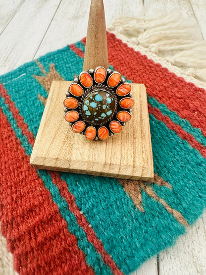 Navajo Sterling Silver, Orange Spiny & Turquoise Cluster Adjustable Ring