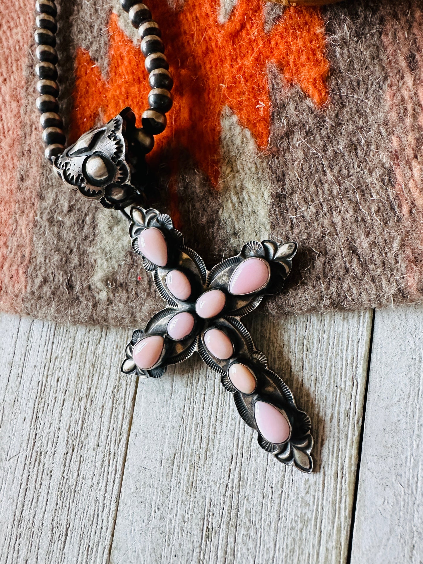 Navajo Queen Pink Conch Shell & Sterling Silver Cross Pendant