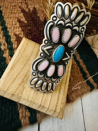 Navajo Sterling Silver, Turquoise & Queen Pink Conch Shell Adjustable Ring