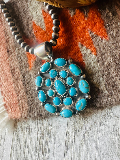 Navajo Sterling Silver & Kingman Turquoise Cluster Pendant