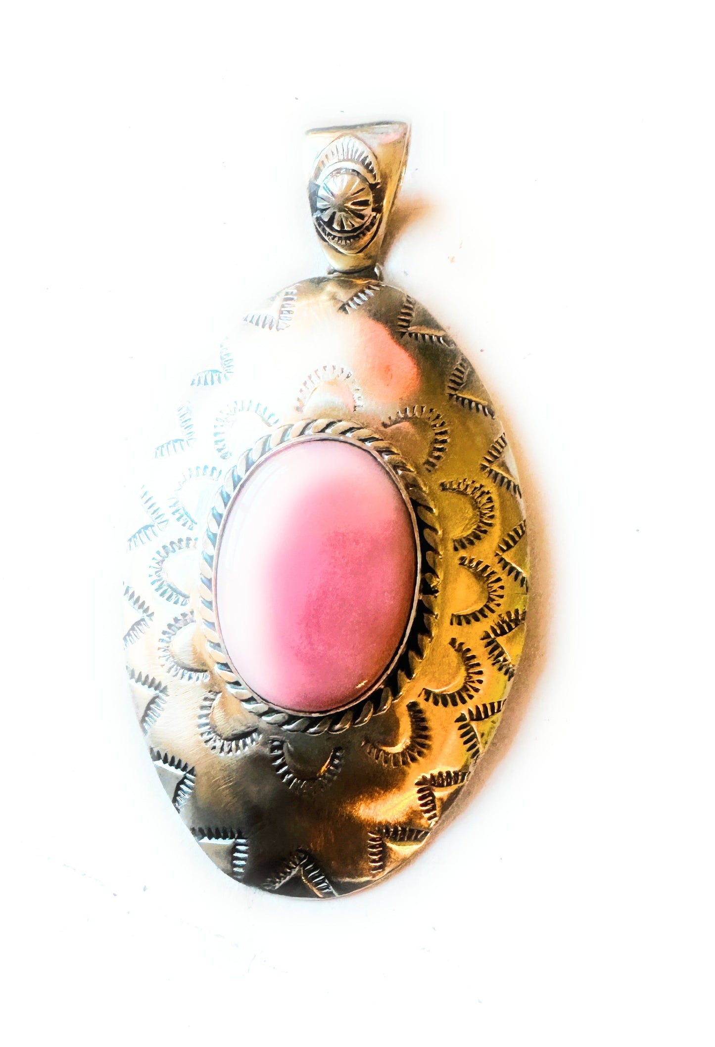 Navajo Queen Pink Conch Shell & Sterling Silver Concho Pendant