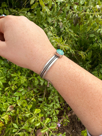 Navajo Single Stone Turquoise And Sterling Silver Adjustable Cuff Bracelet