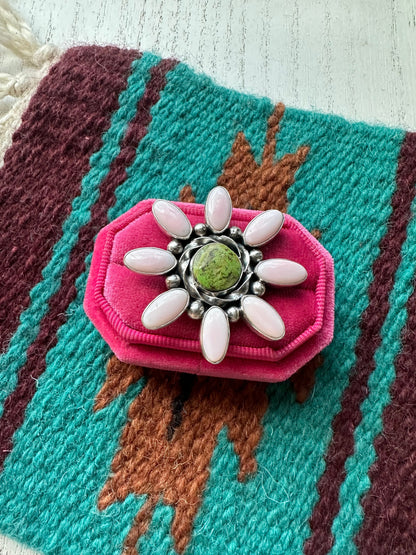 “Pink Blossom” Gorgeous Navajo Turquoise, Pink Conch And Sterling Silver Adjustable Flower Ring Signed