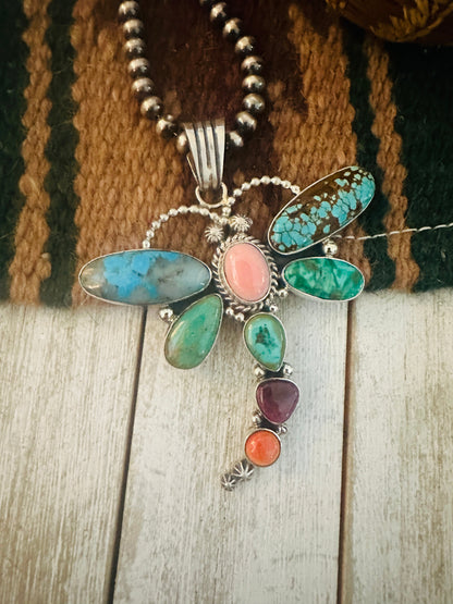 Navajo Multi Stone & Sterling Silver Dragonfly Pendant