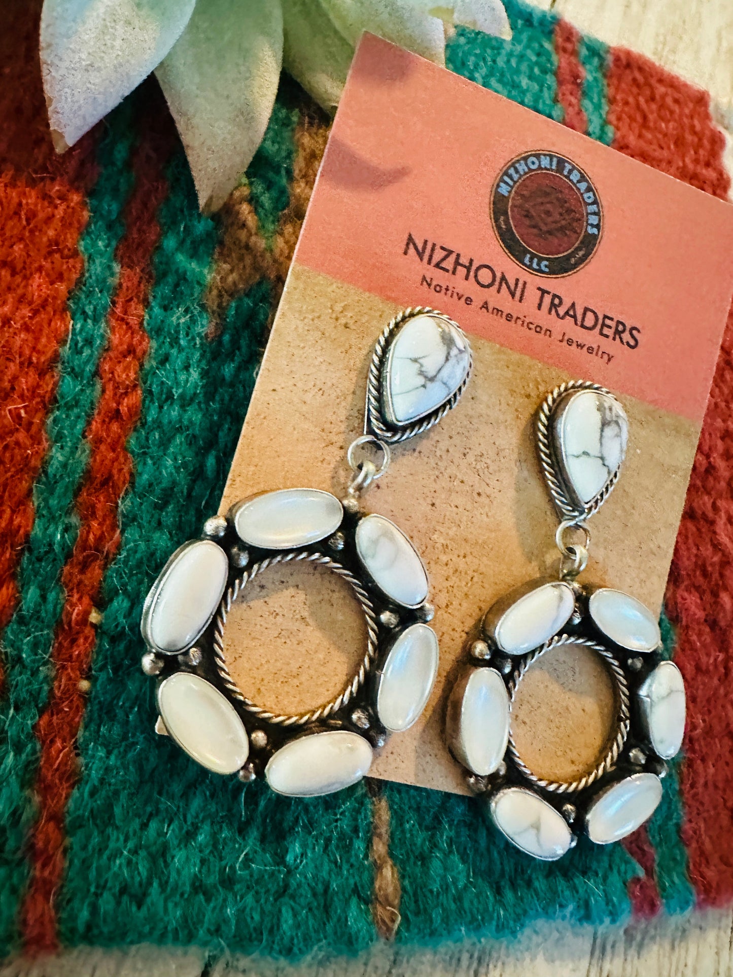 Navajo White Buffalo, Mother of Pearl and Sterling Silver Dangle Earrings