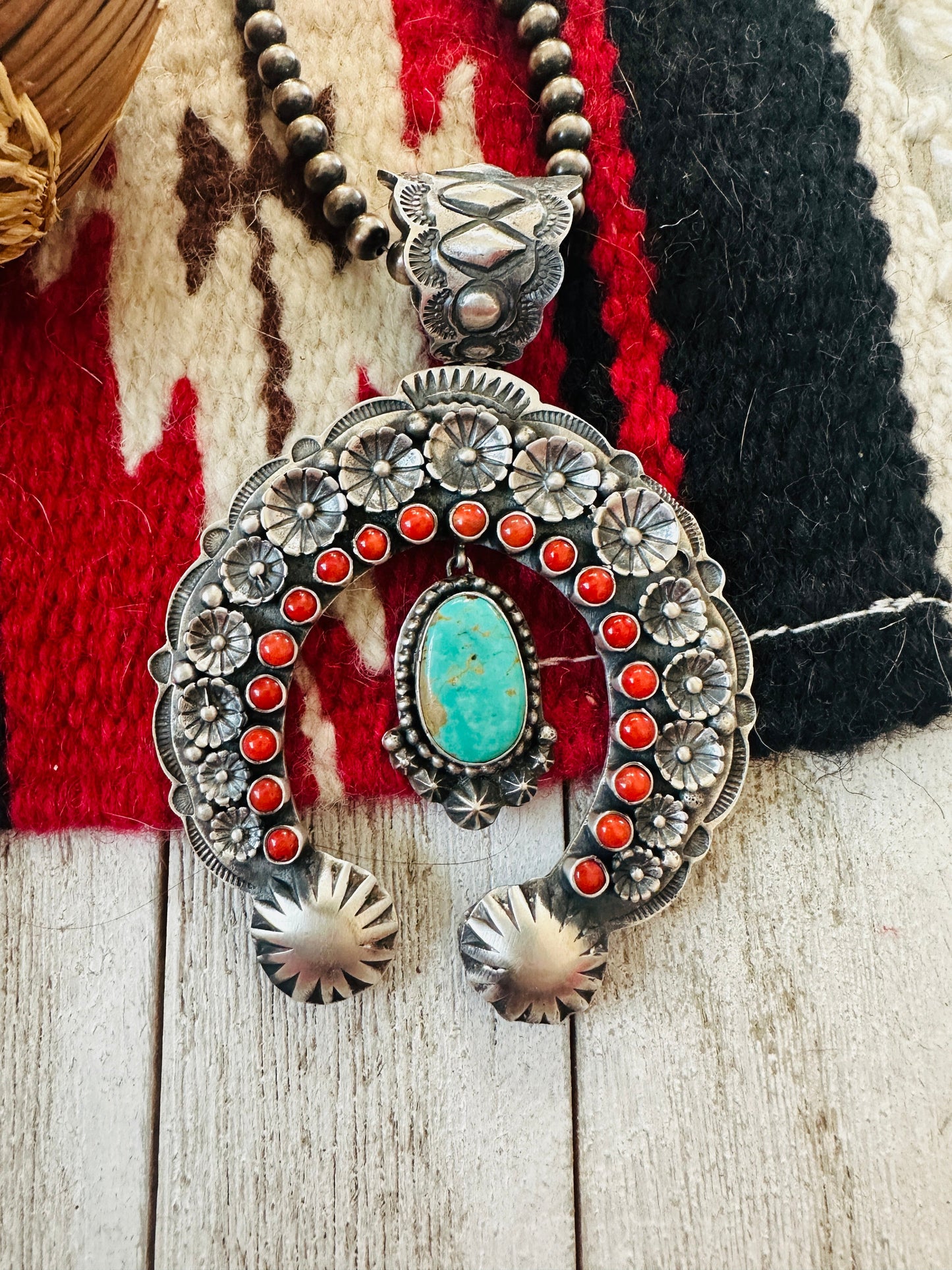 Navajo Sterling Silver, Coral & Turquoise Naja Pendant by Shawn Cayatineto