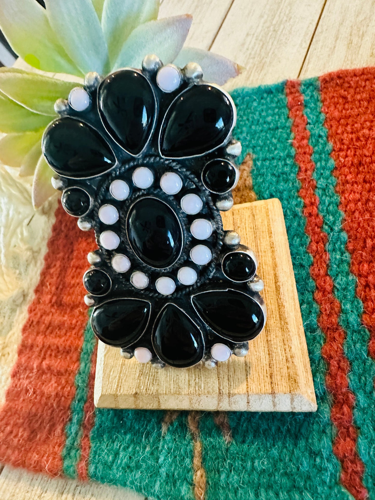 Navajo Sterling Silver,  Onyx & Queen Pink Conch Cluster Adjustable Ring