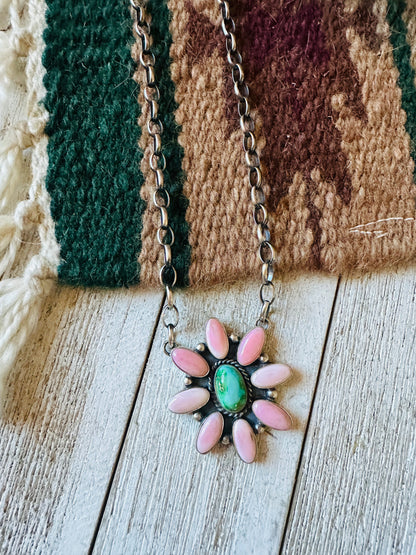 Navajo Sterling Silver, Queen Pink Conch Shell & Turquoise Necklace