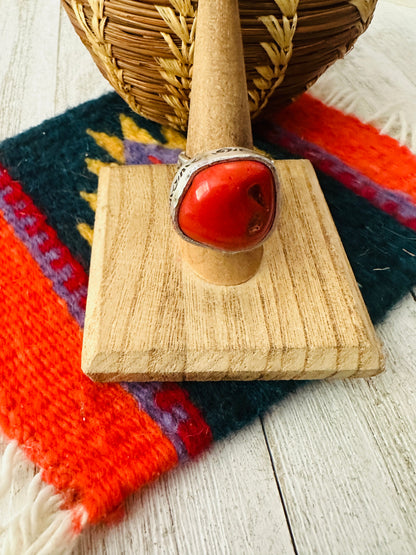 Navajo Coral & Sterling Silver Adjustable Ring by Russell Sam